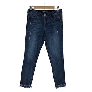 Democracy AB Technology stretch Mid Rise Distress Fringe Hem Blue Skinny Jeans 8
